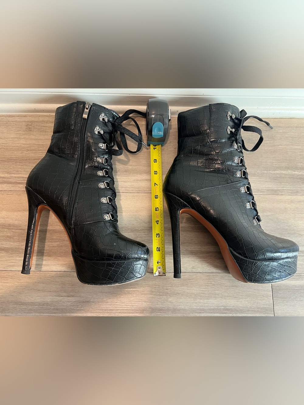 Black Croc-Embossed Platform Lace-Up Stiletto Boots